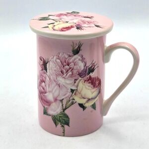 Kent Pottery England Coffee Mug / Tea Cup with Lid  Pink Cup with Pink Roses